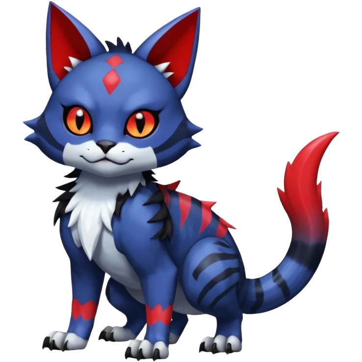 Shiny colorful exotic midnight blue-gray-black, with red markings, white belly, scaley scaly batty feline-like quadrupedal digitigrade furry feral Bastet-Noibat-Gatomon-Garchomp-Digimon-Fakémon-Pokémon-creature (full body) emoji