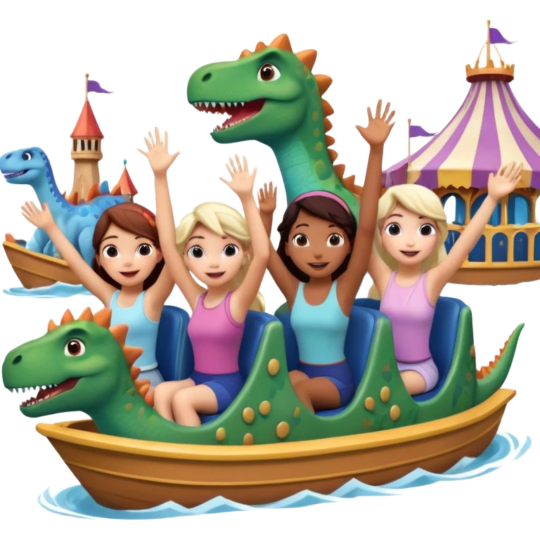 4 chicas montadas en una atraccion de levantando la mano con orejas de dines puestas en una atracción, la barca esta diseñada con dibujos de frozen emoji