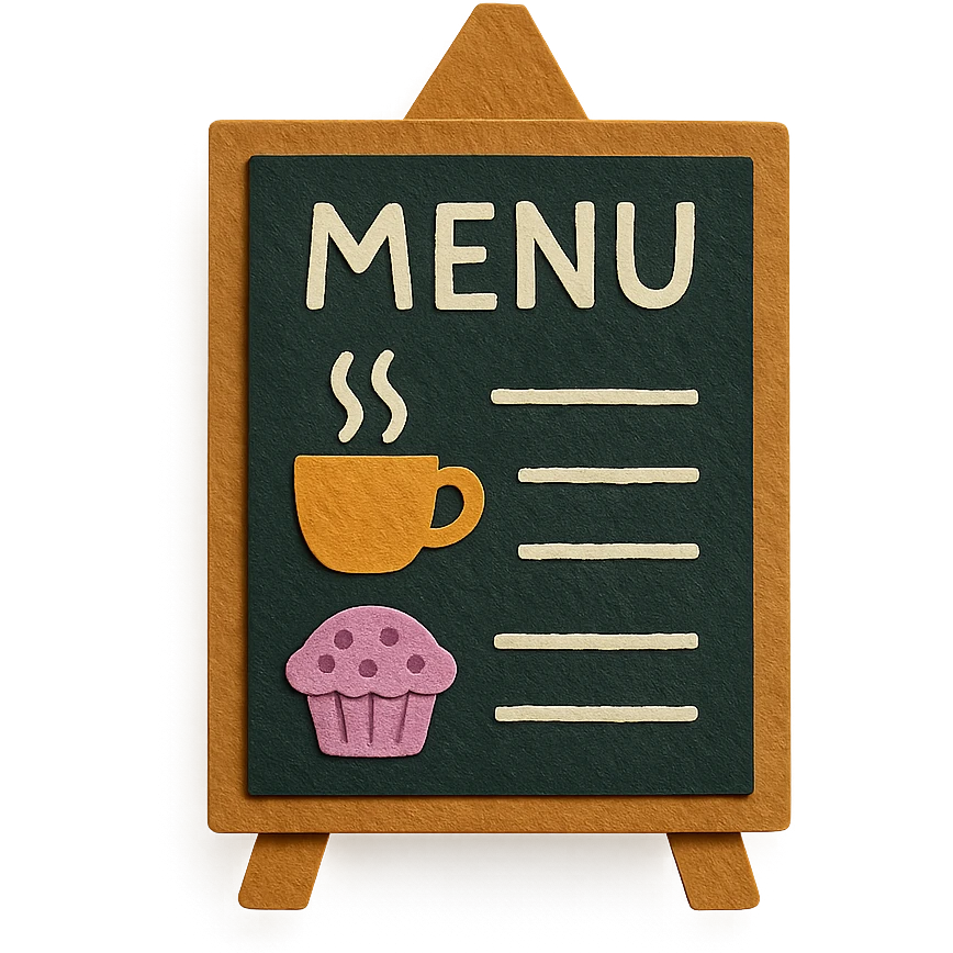 small café chalkboard menu with hand-drawn pastel doodles emoji