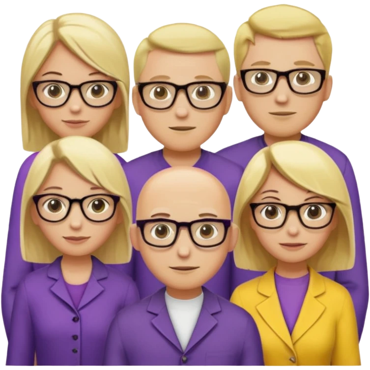 FIVE person team; 2 men and 3 women.  All dressed in yellow or purple.  2 caucasian women have blonde and 1 has ash blonde hair tied up.  1 man is black and bald, 1 man is caucasian and very little hair left.  All have glasses emoji