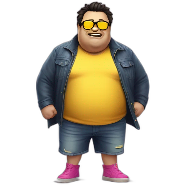 fat man with dark hair,a vibrant long yellow jacket, pink glasses, short jeans shorts. Show full lenght peson, person fighting a monster as superhero emoji