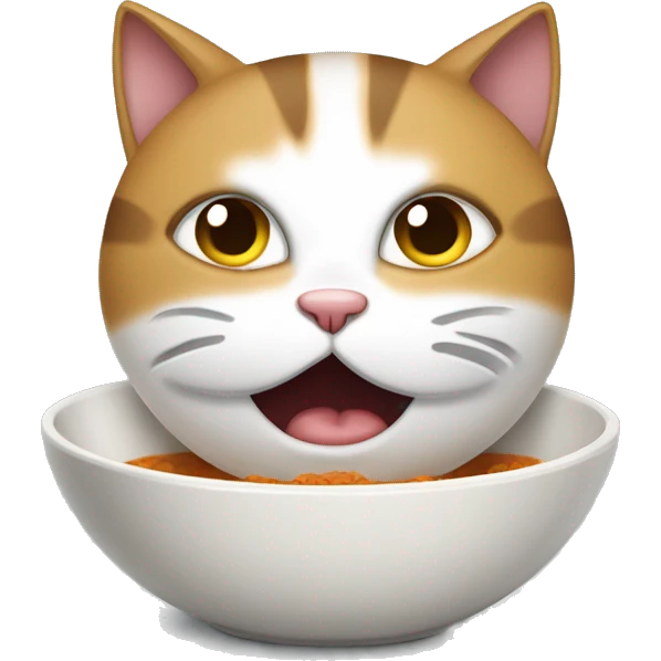 A sad cat (tricolour) is meowing around an empty bowl. emoji