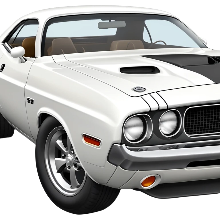 White 1971 Dodge Challenger with precise structure and proportions, consistent 30-degree angle view, showing detailed front fender and side profile, pure white color, iOS emoji style emoji
