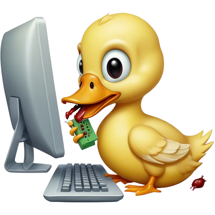 Zombie duckling eating (nibbling) computer infected with YOUAREANIDIOT computer virus  emoji