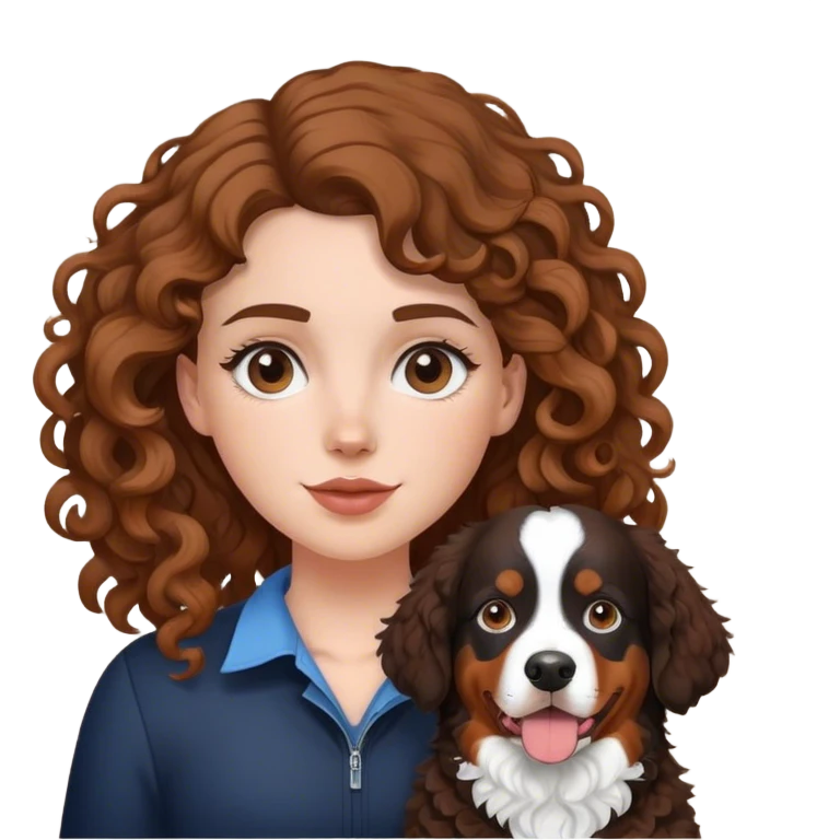 white girl with curly brown hair with a Bernese mountain dog emoji