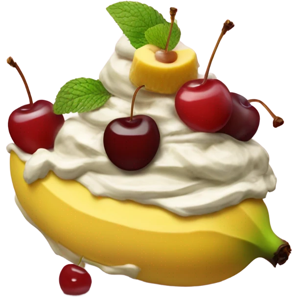 A banana split with mint chip ice cream and cherries and super yummy  emoji