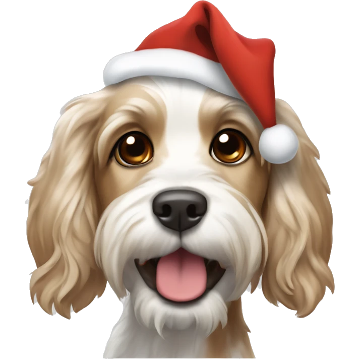 A smiling white with light brown spots cocker spaniel and Lhasa apso mixed dog with a Christmas hat on top emoji