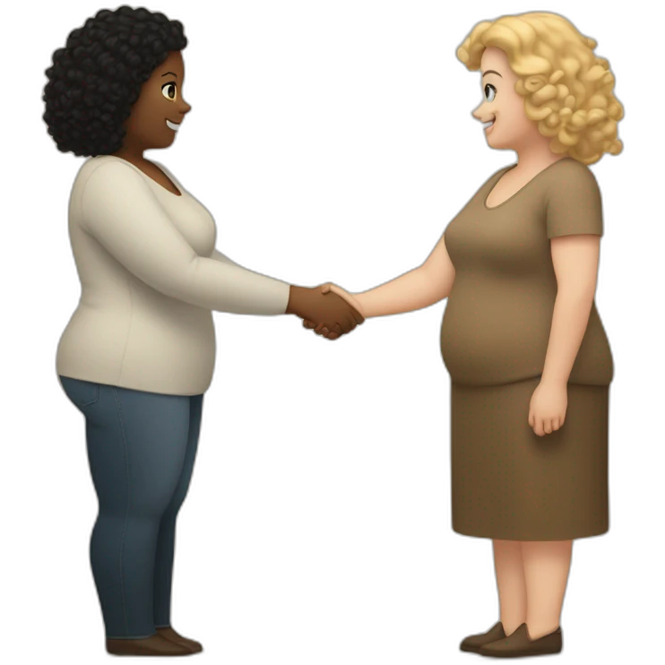 tan chubby woman with black curly hair shakes hands with a chubby pale woman who has straight light brown hair emoji