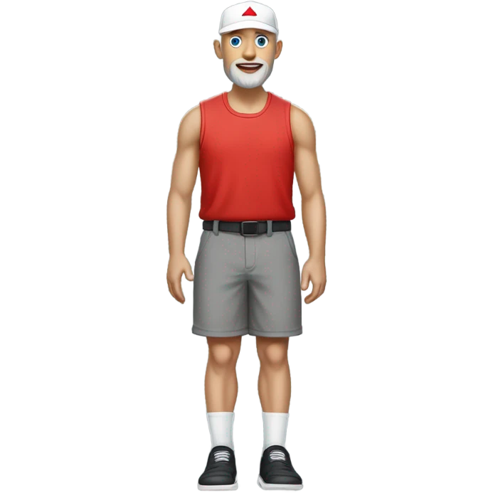white bald guy wearing a gray wife beater with black sporty shorts white socks and black flip flops with a red maga cap with blue eyes and 3 day beard emoji