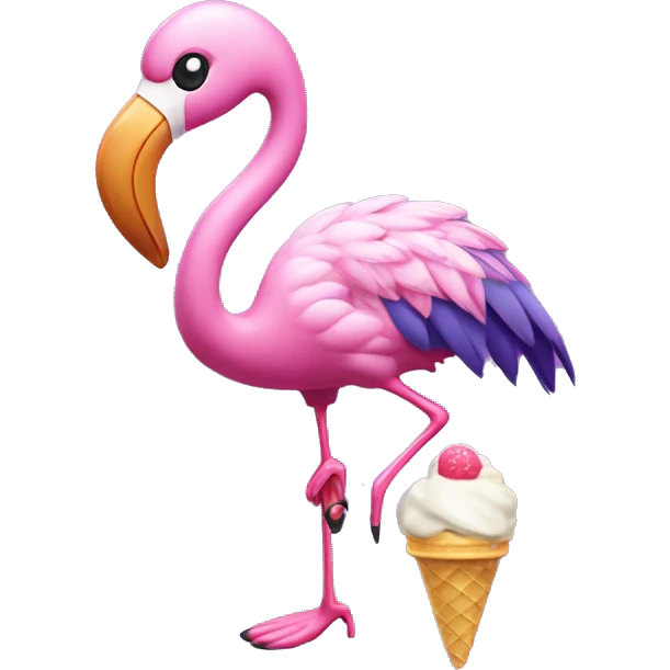 Purple flamingo wearing tap shoes and a bow eating ice cream emoji
