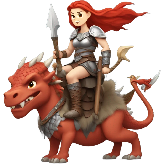  White Viking red head pale skin beautiful dragon  queen with a Viking solder with a gray man bun built white solder on a dragon  emoji