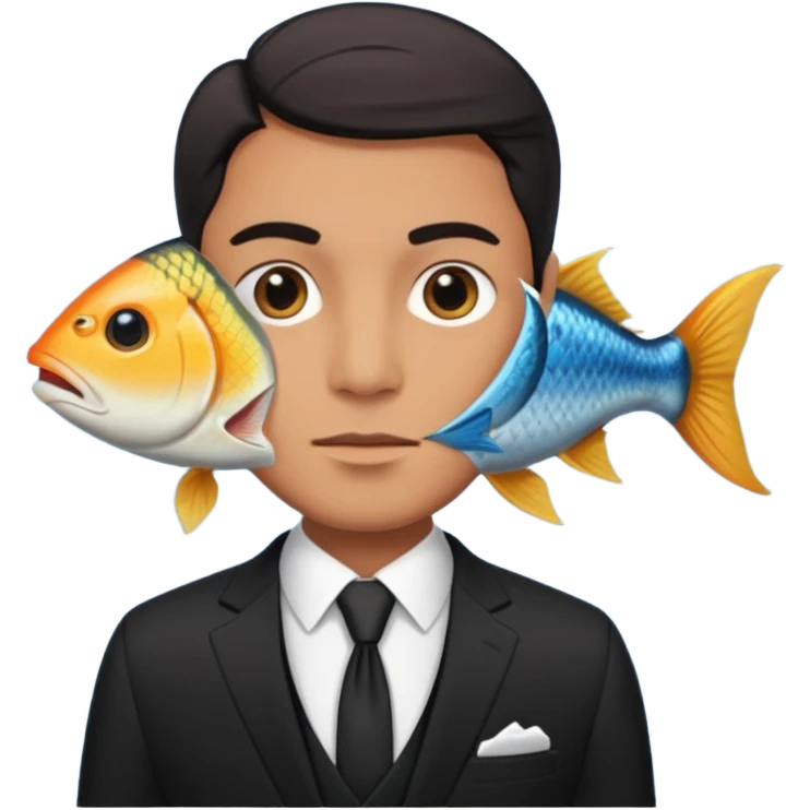 A man wearing nice black suite, and he has a fish head emoji