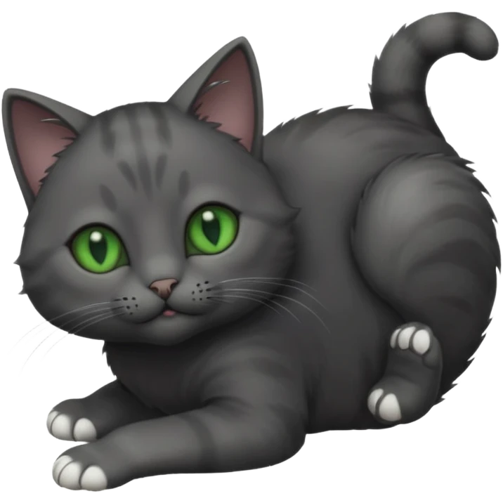 solid dark grey cat with green eyes, completely solid grey face, white toes/paws playing rolling upside down emoji