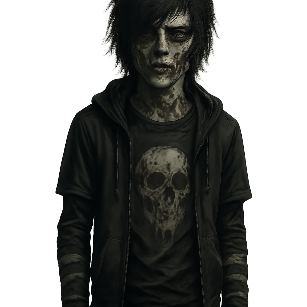 zombie boy, black hair, medium long, emo fashion, dark vibe, moody emoji