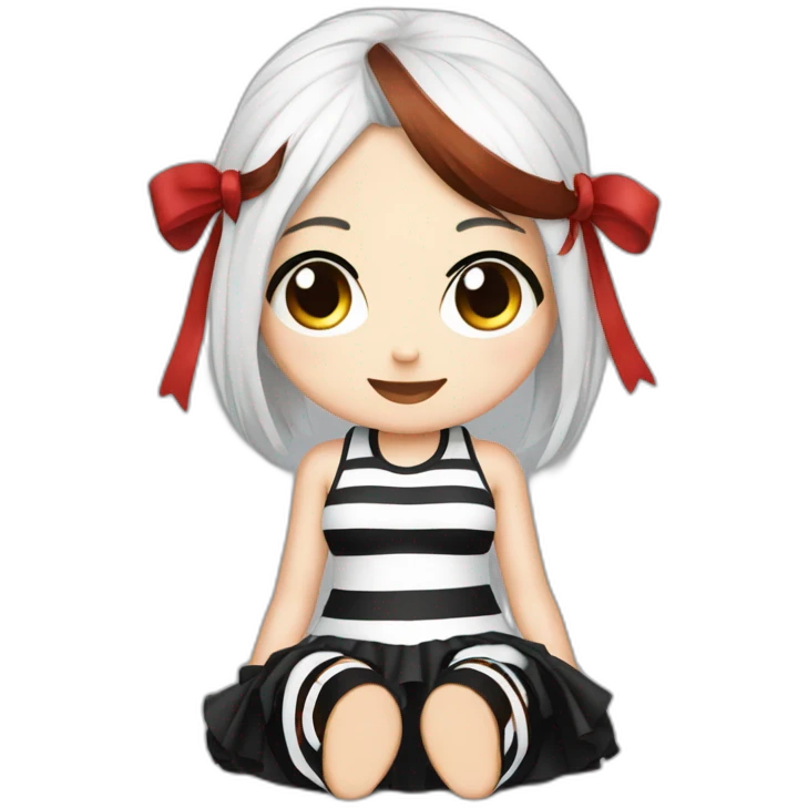Frontal view curvy emo girl sits white skirt striped stockings hands up emoji