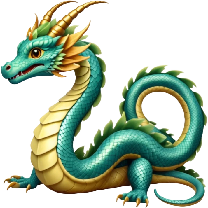  serpent dragon. Slim, serpentine body with smooth scales in soft blues and greens. Fluffy leaf plumes replace the tail fins, and a terracotta crown-like crest adorns its head. Gentle amber eyes. it should be similar to traditional chinese dragons. no legs. snake-like body. emoji
