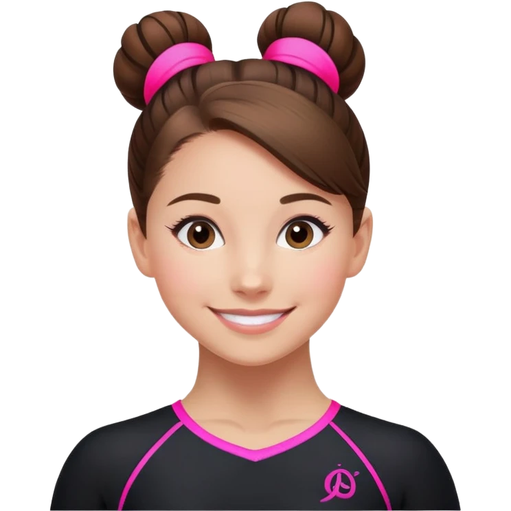 Happy female gymnast with brown hair in a neat bun, wearing a black uniform with neon pink elements. emoji