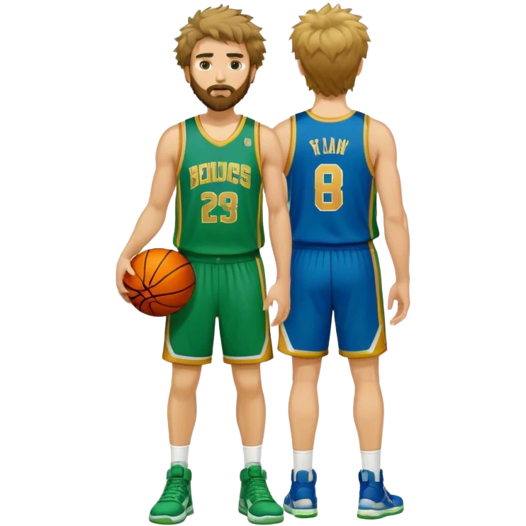 full body wHITE MAN WITH GOLD TEE BEARD  SHAGGY HAIR BASKETBALL PLAYER WEARING BLUE AND GREEN UNIFORM emoji