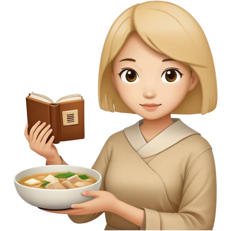 A woman holding a book with samgyetang in front of her in a bowl emoji
