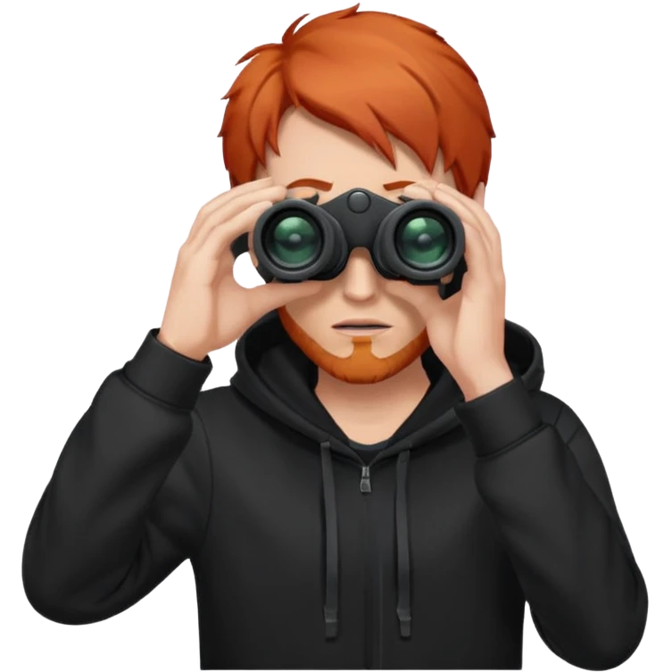 A red-haired man in a black hoodie looks through binoculars. emoji