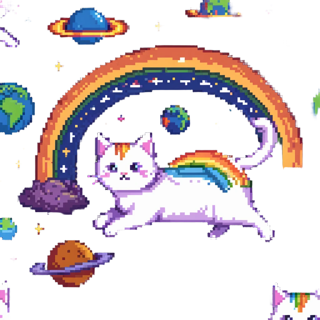 flying cat pooping rainbows in outer space with stars and planets emoji