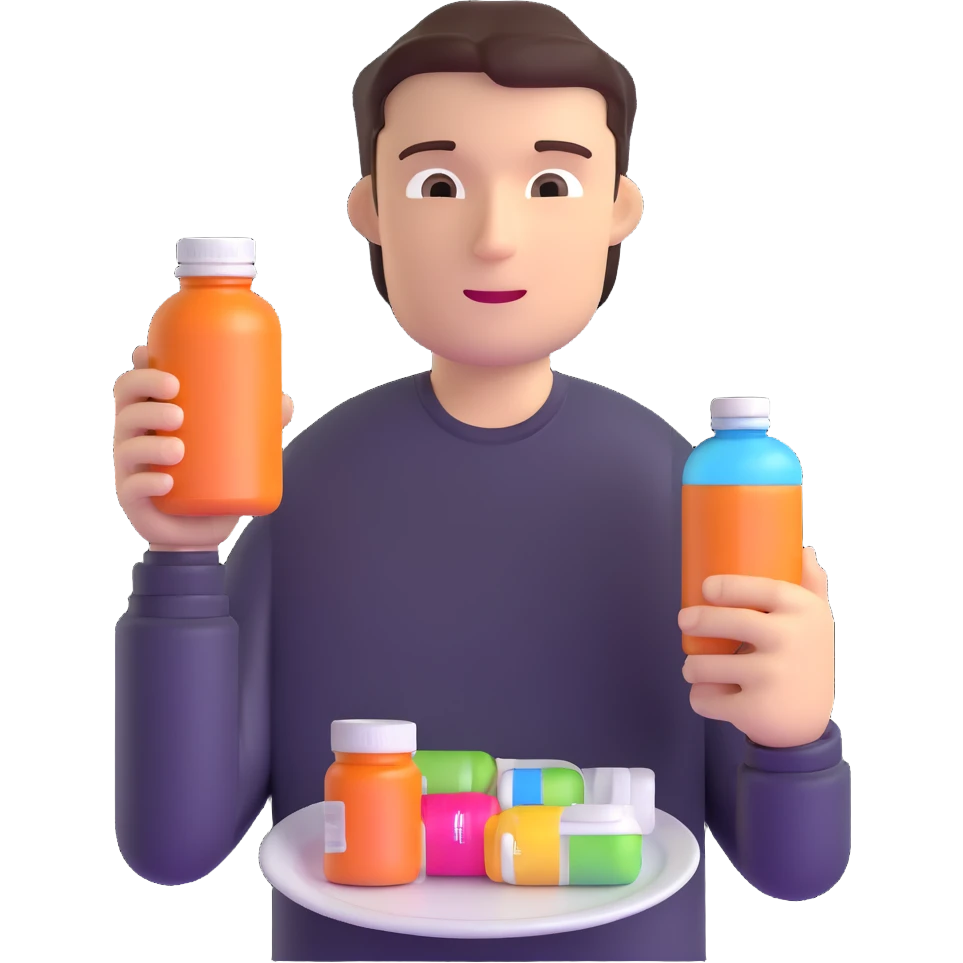 person holding a supplement bottle and looking at an empty plate emoji