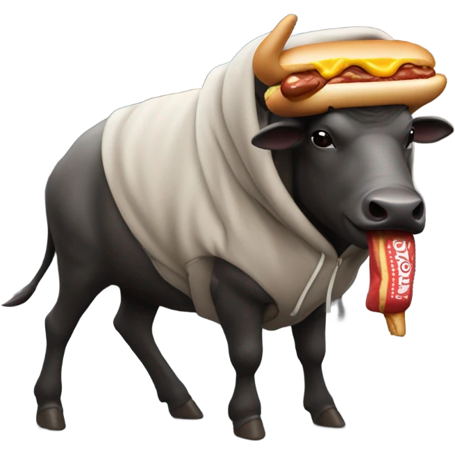 Water buffalo wearing a hoodie walking down a New York eating a hotdog emoji