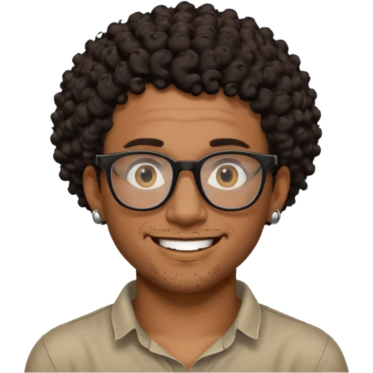 Black man smiling, short curly dark brown hair, black glasses, small tattoo on neck, artist, adventurous and exploration vibe emoji