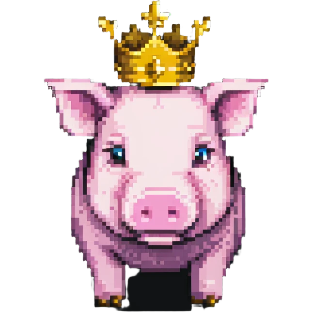 cute anime style pig with a golden crown, inspired by Technoblade, made out of Minecraft blocks, blocky and pixelated, expressive and charming emoji