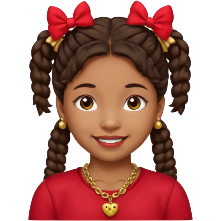 Brownskin girl dark brown hair fluffy. pigtails with red bows brown eyes smiling closed mouth red shirt gold esrrings gold necklace emoji