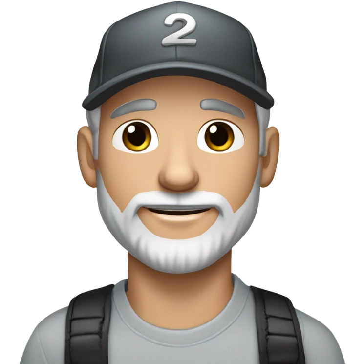 Handsome blue eyed man, with grey hair, and grey goatee beard, wearing ball cap and holding a black long hair chihuahua  emoji