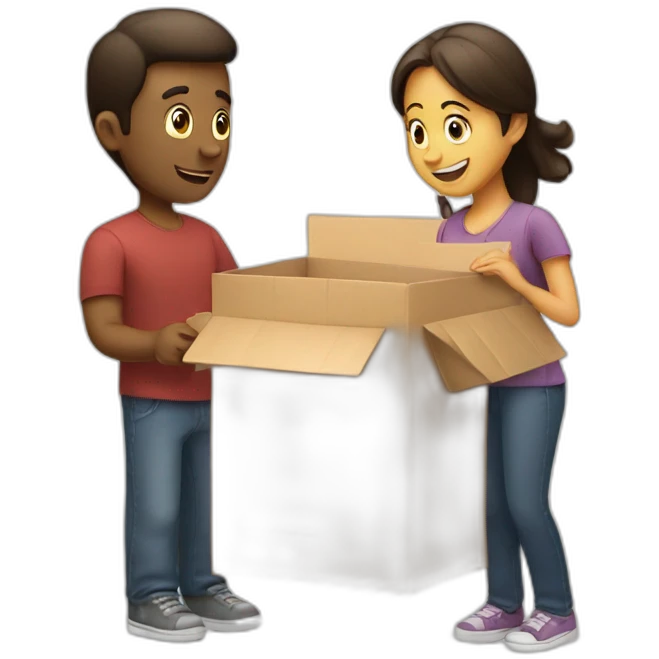 A man giving a girl a package with the word attention on it emoji