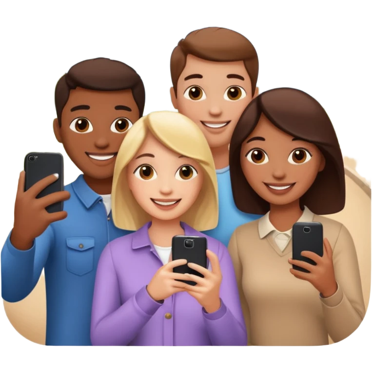 three friends holding phone selfie smiling emoji