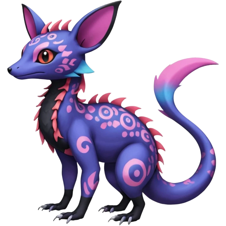 Rare epic aesthetic colorful Salandit-Noibat-Eevee-Genet-species-Fakemon-hybrid-creature, with markings, full body emoji