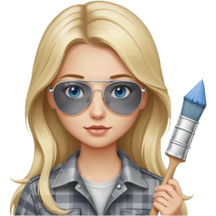 girl with long blond hair, wearing grey plaid shirt with blue eyes and aviator sunglasses wearing a ring on her silver necklace, holding a paint brush roller with a small bit of white paint on her face emoji