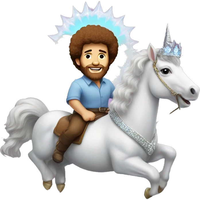 bob ross with a tiara riding a uniorn emoji