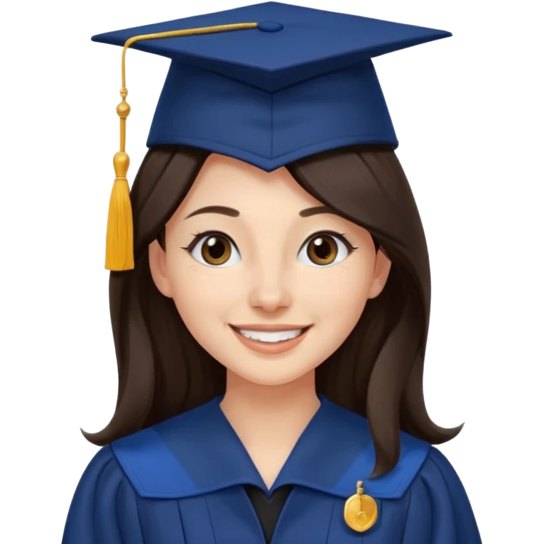 带着学士帽的，深棕色长发，黄种偏白皮肤的，高鼻梁，不戴眼镜的女博士生，在单只眼眨眼并开朗的笑，年龄26岁，学士服全身深蓝色但是黑领子， emoji