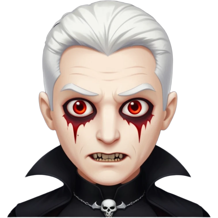 Creat a young man Vampire with white skin and white hair "make him have slide back hair" and full black vampire clothes and bloody eyes and long fangs and scary dead eyes and silver logo on his neck emoji