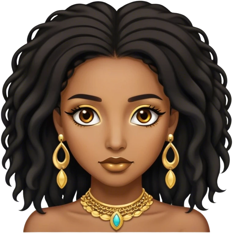 Brown skin women with black shoulder length locks, eyelashes and a lot of gold jewellery  emoji