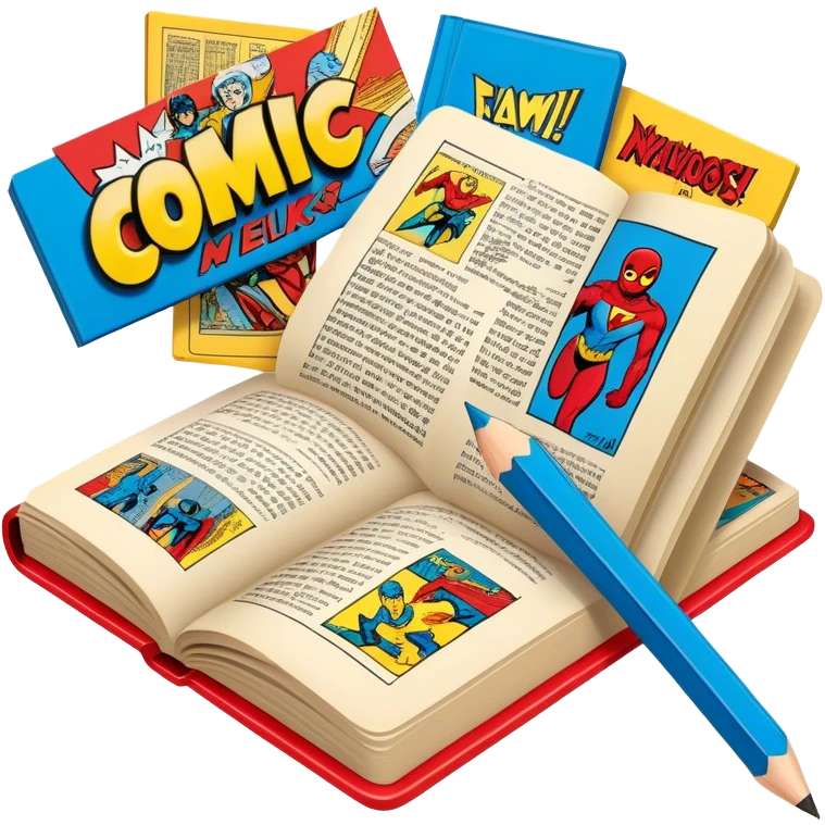 Create a vibrant emoji representing comic books and graphic novels. The design should feature a large, open comic book or vintage comic magazine with pages displaying classic comic art, with text. The comic pages should have bold, dynamic panels and action scenes. Include a pencil writing on the pages, but without a hand, to symbolize the artistic creation of comics. Use bright colors like red, blue, and yellow, with a retro feel to the design. Make the background transparent. emoji
