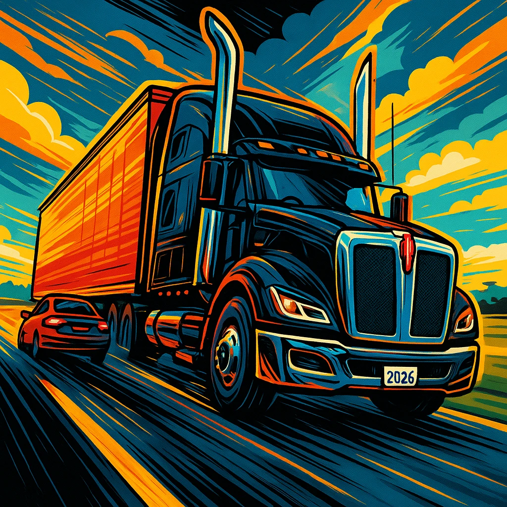 Edit the image of a 2026 Kenworth W680 sleeper semi truck, black with chrome exhaust stacks, driving down the road with a car in front. Render in a dramatic and cartoonish style with dynamic angle, bold colors, and clear details in the scene. emoji