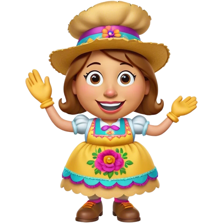 Create a 3D Pixar-style Mrs. Potato Head character with a rounded, slightly uneven shape, expressive eyes, a wide smile, and cartoonish limbs, dressed in a colorful apron with intricate embroidery, a vibrant hat adorned with a feather emoji