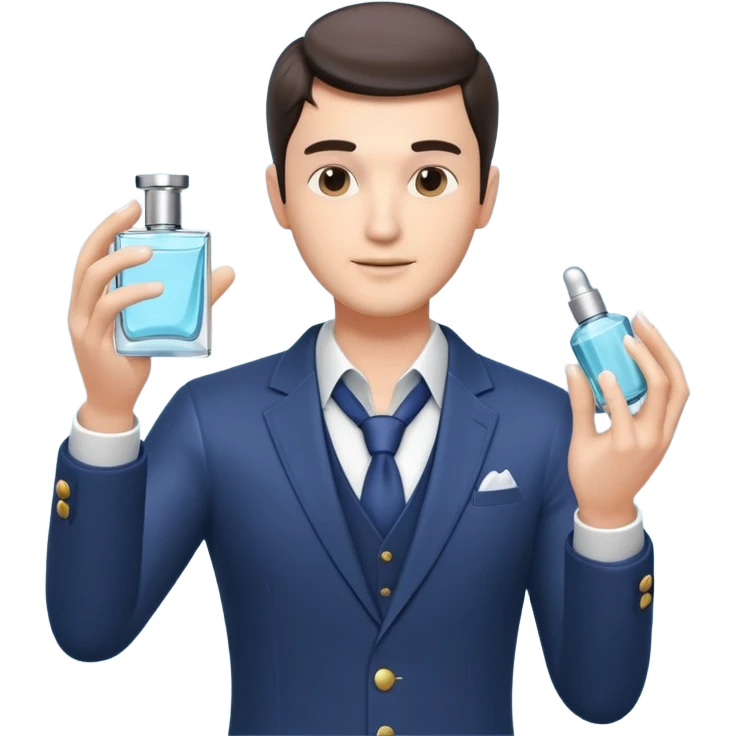 stylish man spraying perfume, holding a perfume bottle, mist spray in the air, elegant pose, 3D cartoon, mobile game icon style, clean background, no text, no watermark

 emoji
