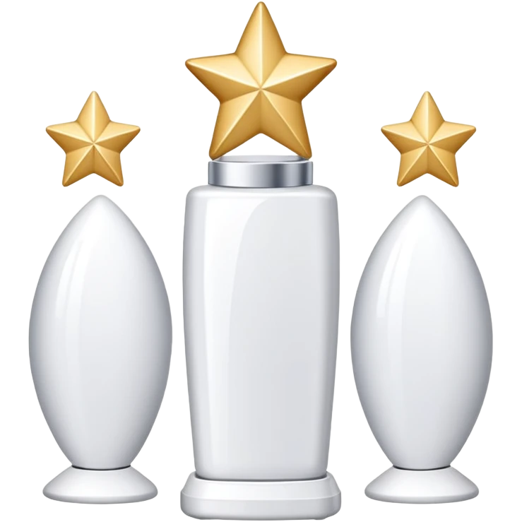 three white standing beauty products, mini stars around emoji