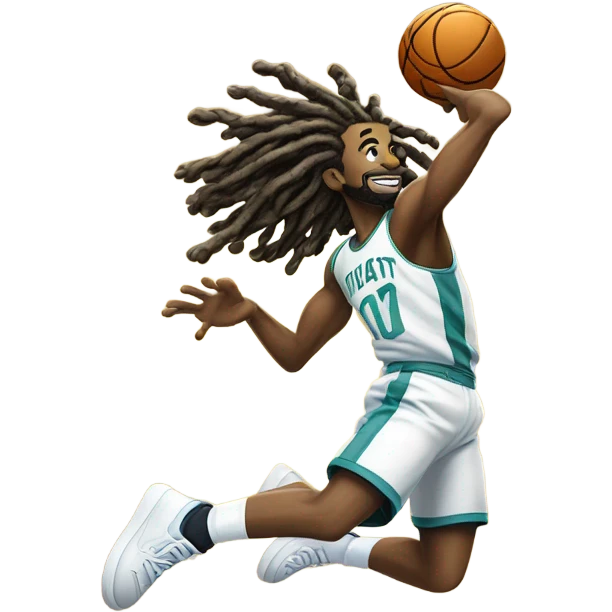 Tall light skin man dunking with dreads in a school that has blue and orange color with a tiger logo emoji