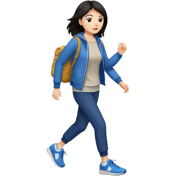 iOS emoji style - a dark haired woman in casual clothes and wearing trainers. Walking quickly. She does not have a bag or backpack.

 emoji