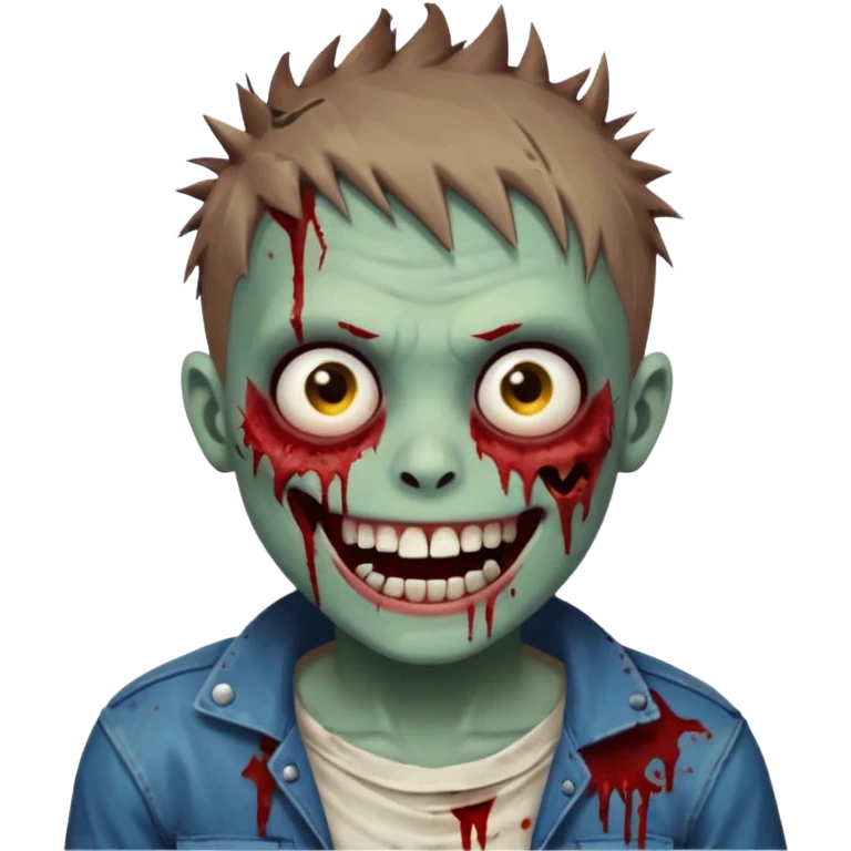 zombie boy with brown short spiky hair, white skin, and white eyes; an open smile, and bloodied teeth; emoji