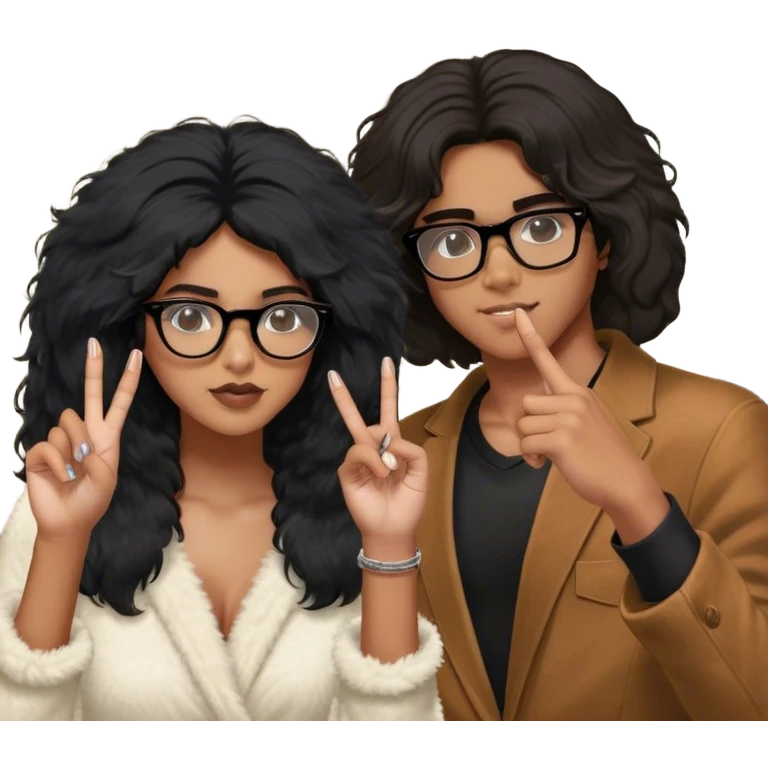 Brown boy with black fluffy hair and glasses and light brown girl with black blowout hair taking a picture in the mirror at the club together he’s behind her and wrapped around her and sticking up the middle finger on both her sides and she’s taking the picture in her right hand and her other hand has her face leaning on it  emoji