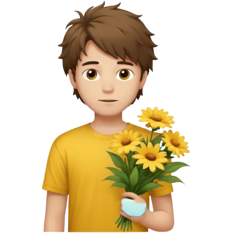 generate an ios genmoji of a 20 year old fair boy with brown long and messy hair with faint beard on cheeks. carrying a flower bouquet, wearing a yellow tshirt, looking shy.  emoji