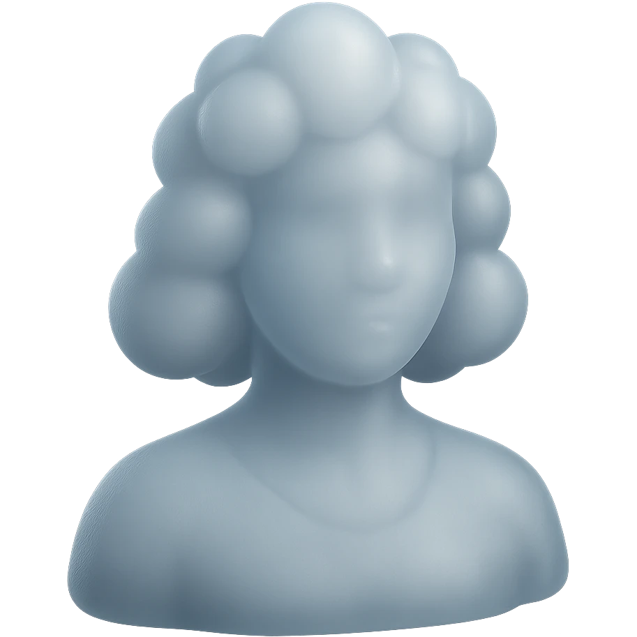 person looking straight, composed entirely of white fluffy convex clouds, shoulder length, matte glass style, no background, clouds more rounded emoji